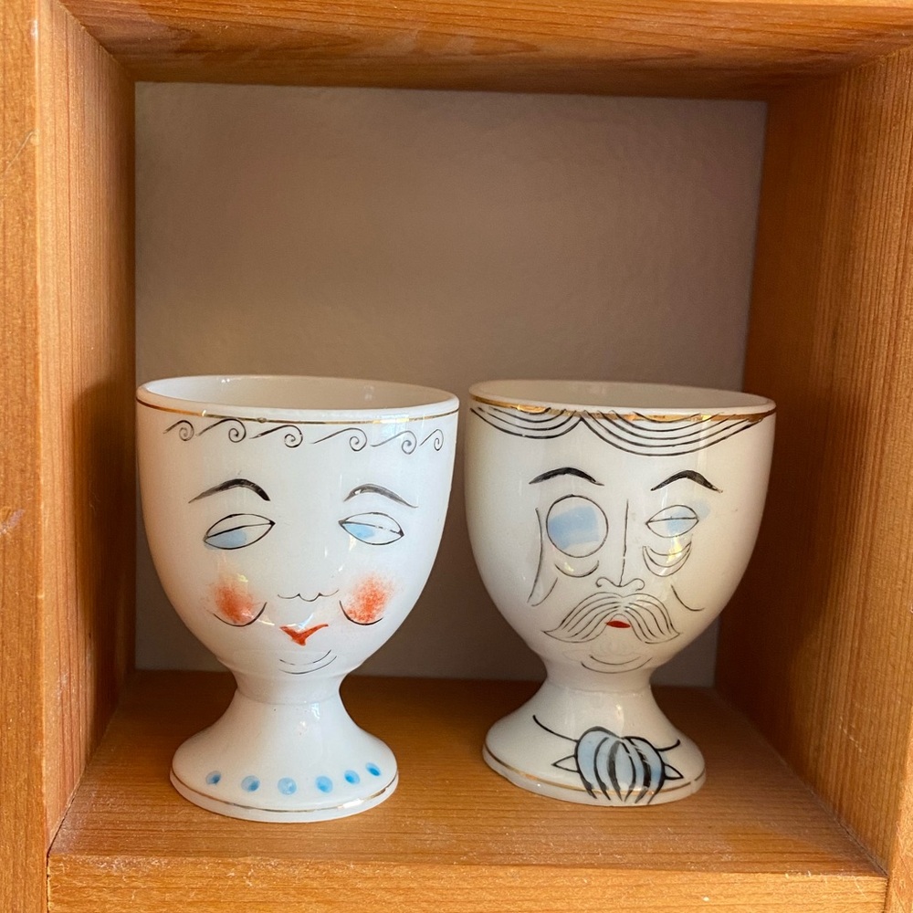 Vintage egg cup holders - pair of porcelain male female anthropomorphic Japan